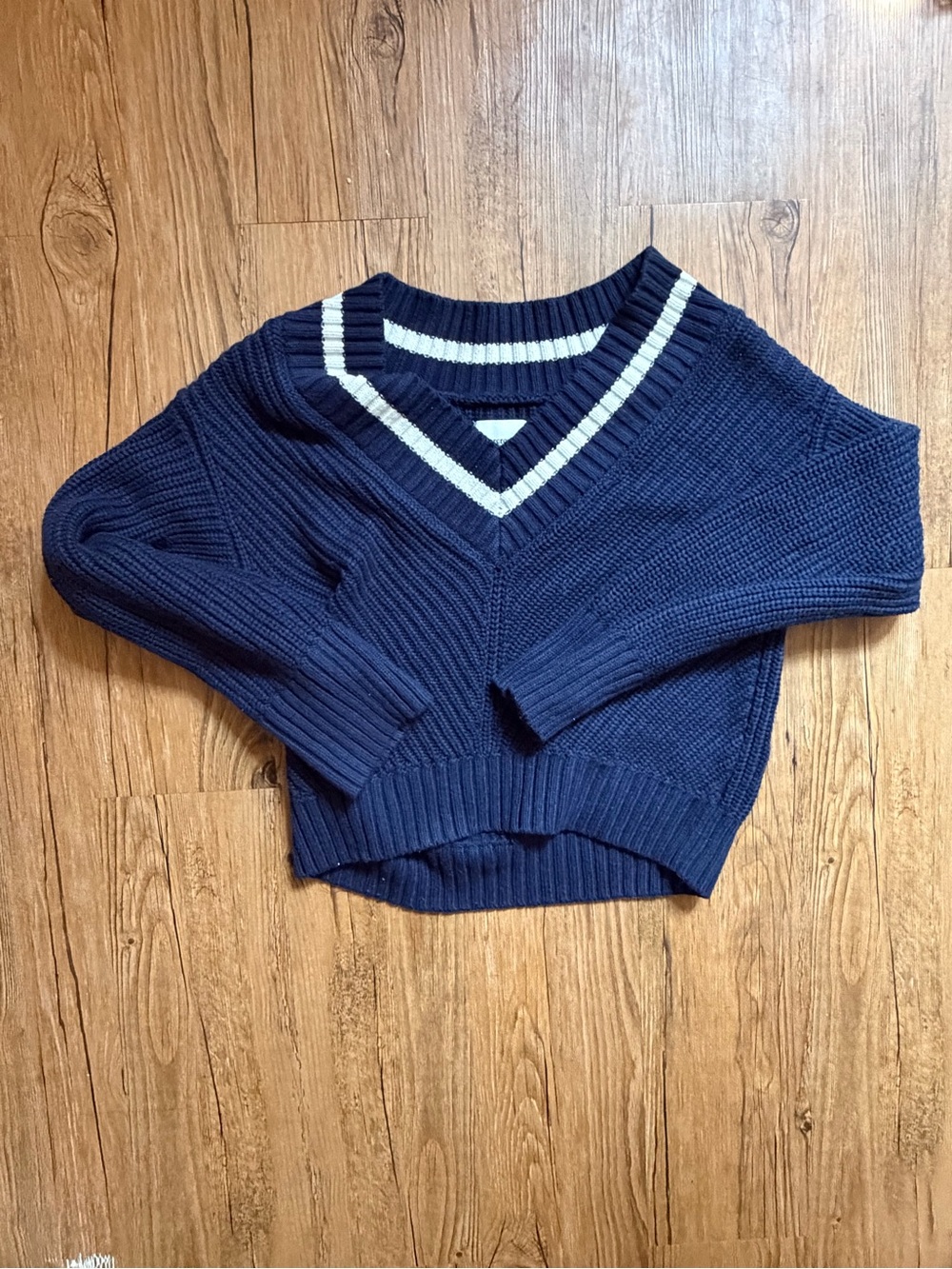 Abercrombie & Fitch Navy V-Neck Knit Sweater with Cream Stripe